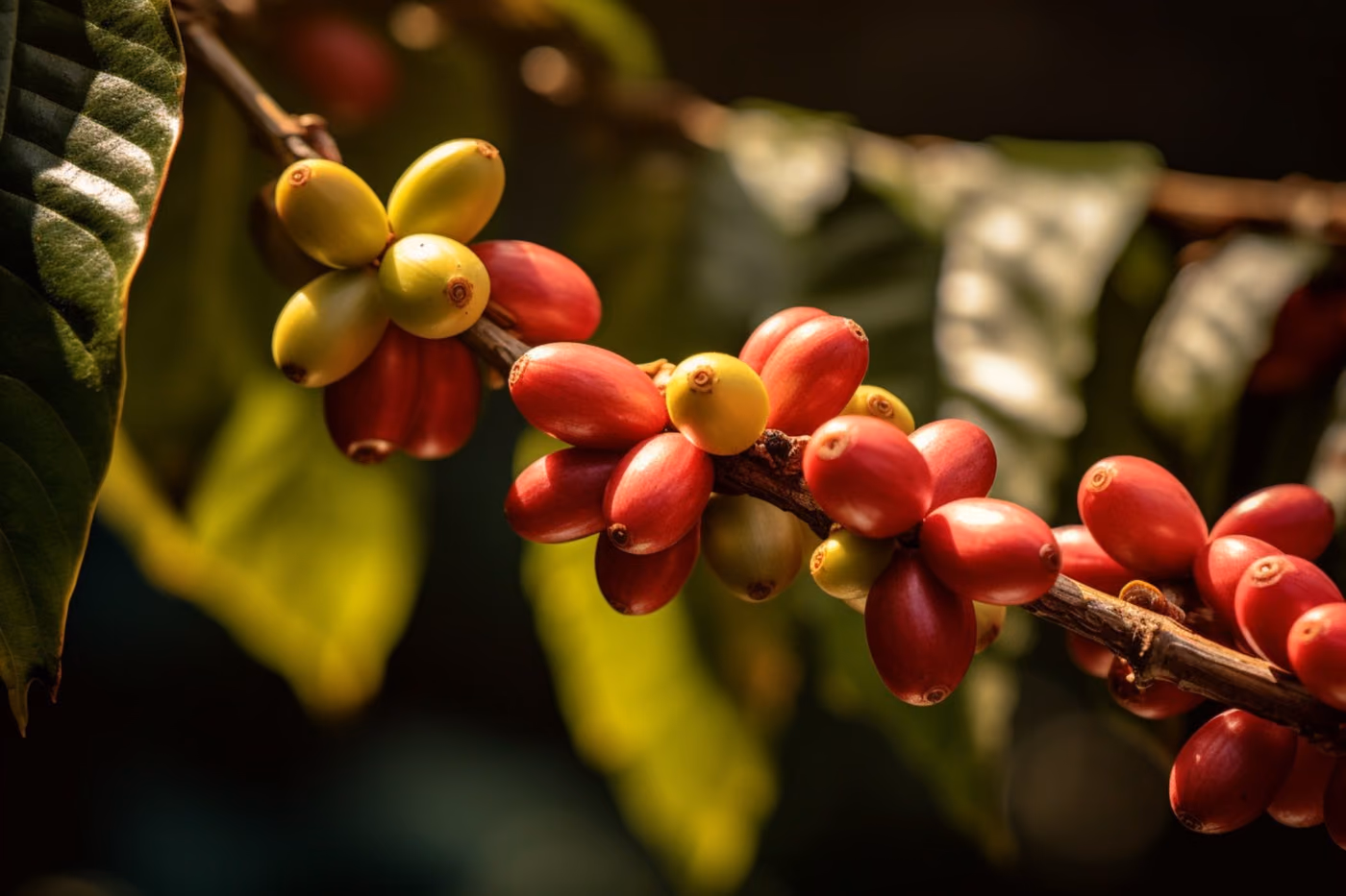 Reife rote Kaffeekirschen am Strauch