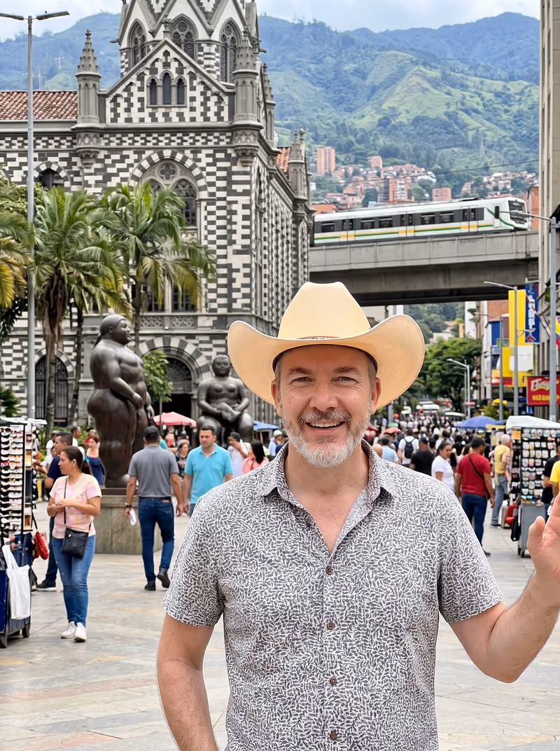 Oliver auf der Plaza Botero im Zentrum von Medellín