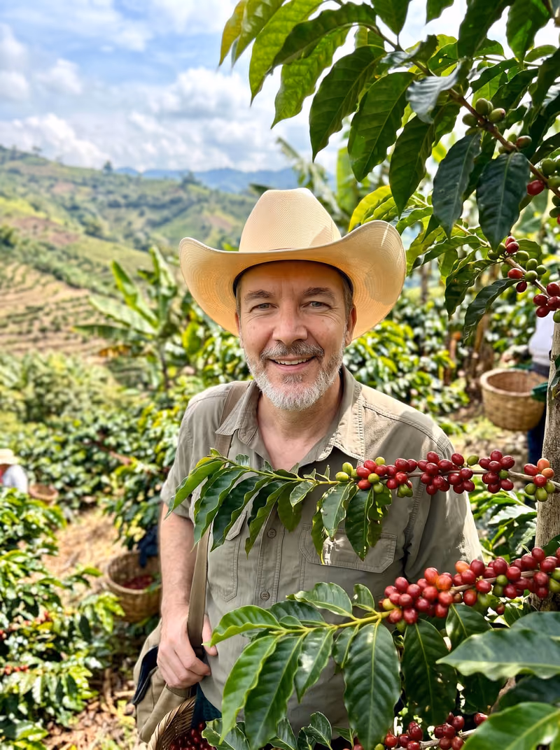 Oliver zwischen reifen Kaffeekirschen auf der Plantage