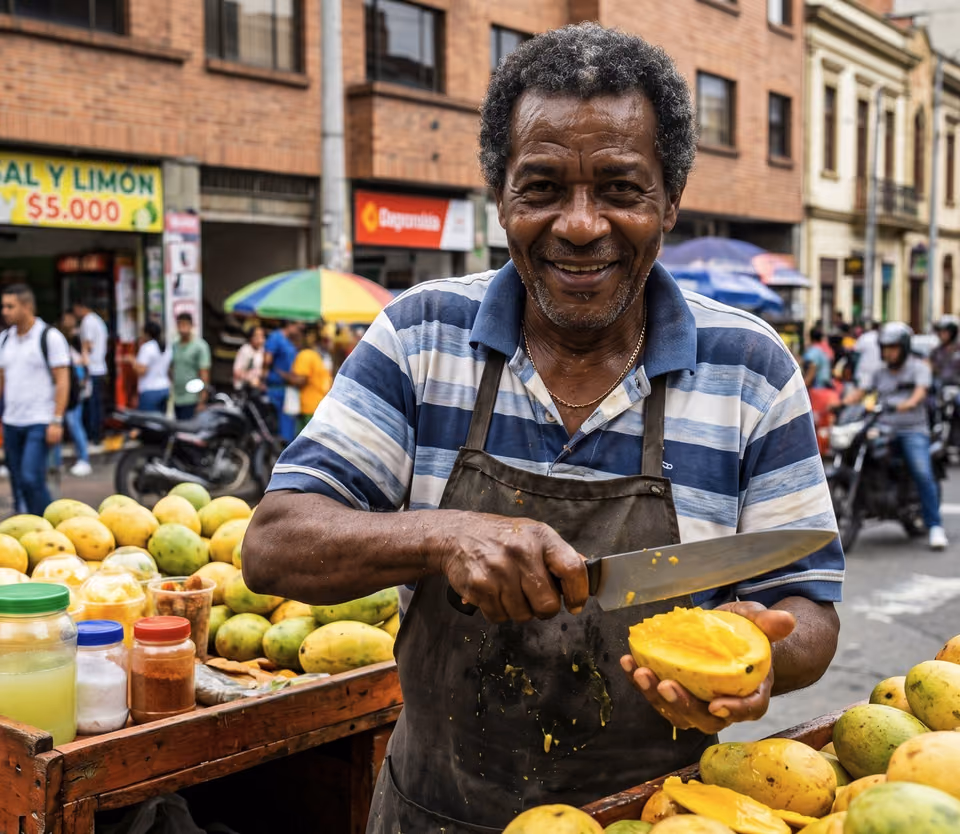 Fruit vendor at a stall in downtown Medellín